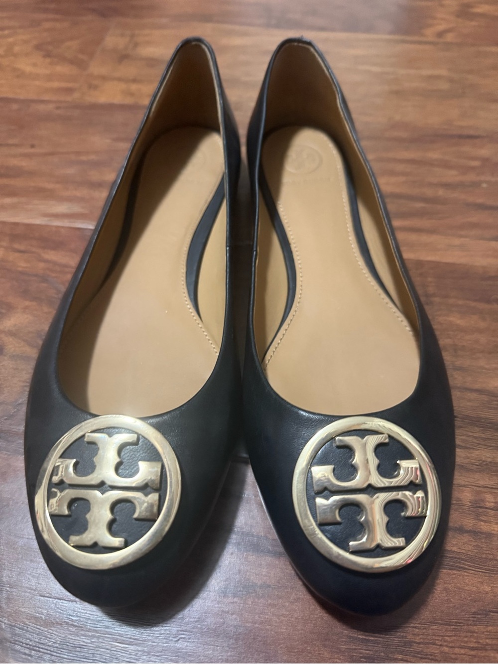 Tory Burch Black Leather Flats with Gold Logo Medallions